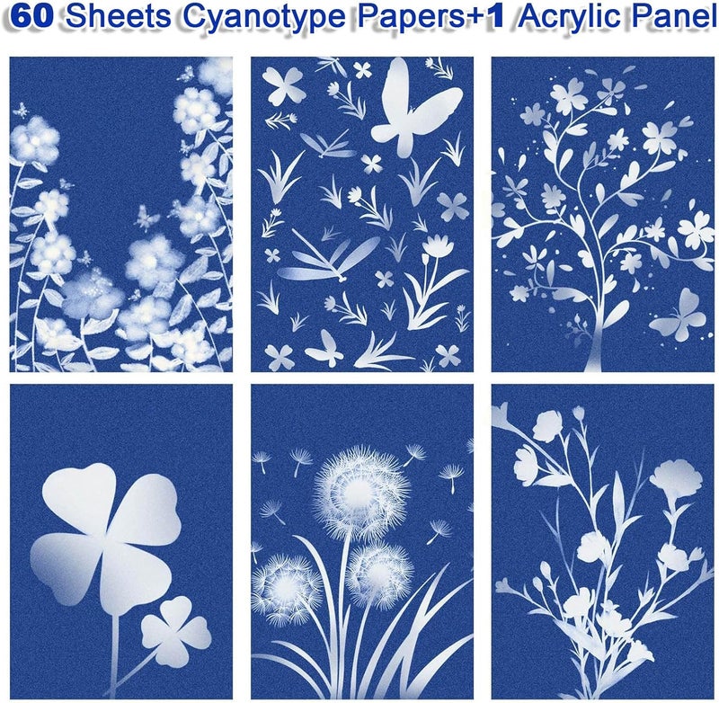 LIGHOON Sun Print Paper Kit Cyanotype Paper, 60 Sheets Cyanotype Papers with 1 Sheet Acrylic Panel, High Sensitive Nature Solar Activated Printing Art Supplies for Arts Crafts DIY Project - Image 3